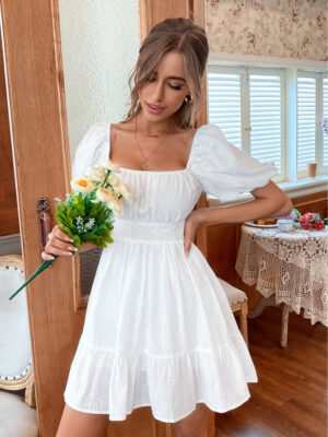 White Summer Dress Backless Lace Up Ruffles Ruched Solid Tie Back Flounce Hem Dress·puff Sleeve Elegant Dress