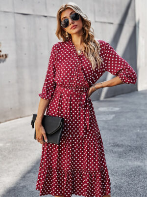 Autumn Winter Dot Bandage Dress Women Casual Ruffles V Neck High Waist Slim Print Long Dress New Fashion