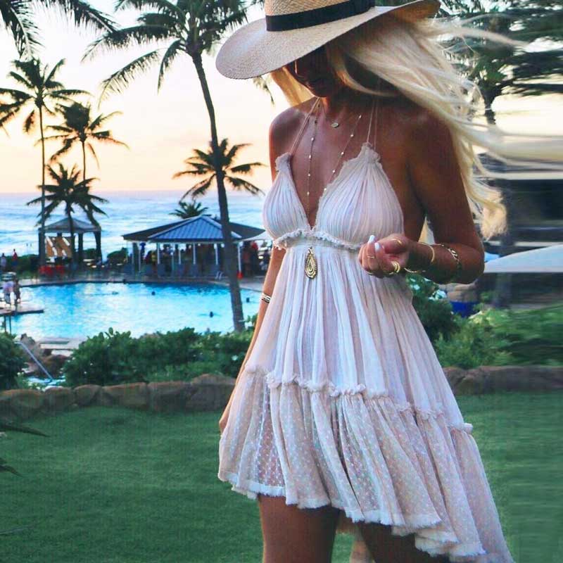 Summer dress cotton lace pleated halter backless beach dresses V-neck sexy dress women bohemian vestidos 2023