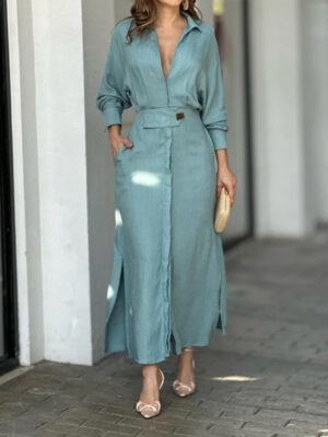 Women Maxi Dress Fashion Casual Full Sleeve V Neck Lapel Slit Solid With Pockets Long Skirt Dresses Streetwear