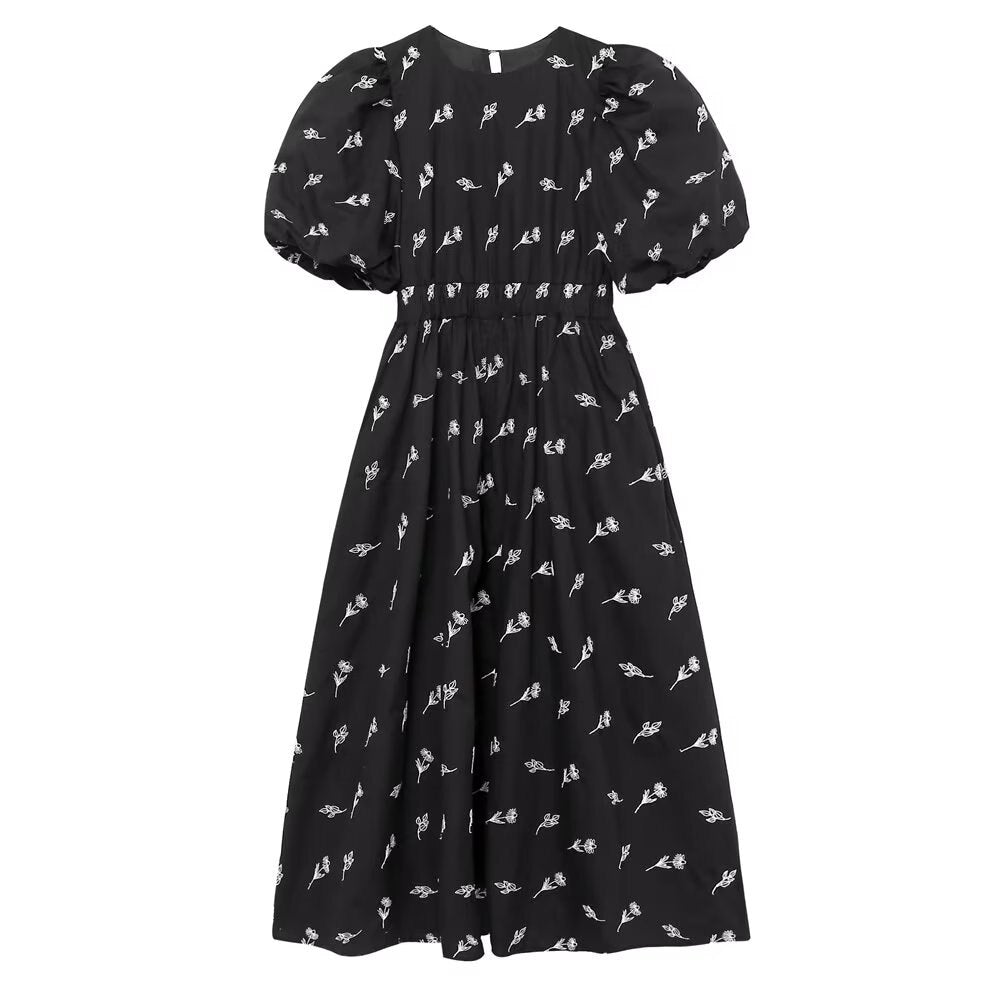 New Fashion Women Floral Embroidery Black Midi Dress Vintage Puff Sleeve O Neck Female Dress - Image 4