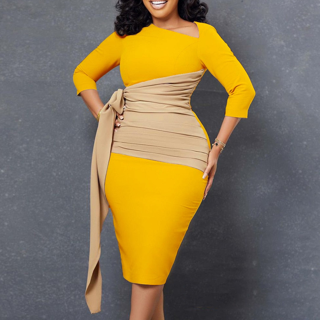 Autumn Fashion Elegant Colorblock Lace-Up Dress Women Office Ladies OL Colorblock Slim Dress Women - Image 3