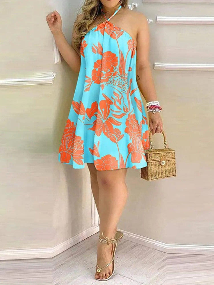 Tropical Print Halter Backless Casual Dress Women Strapless Summer Dress - Image 3