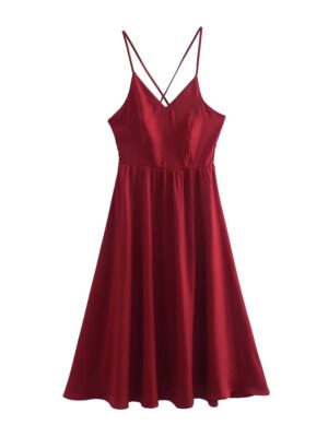 New Women Lace Up Bandage Backless Sling Dress Vintage Wine Red Sleeveless Ladies Satin Party Sexy Dresses