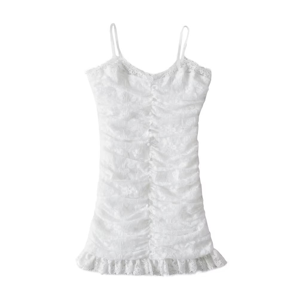 New Women Sleeveless White Sling Lace Dress Fashion Ladies Ruched Bodycon Mini Sexy Robe - Image 3
