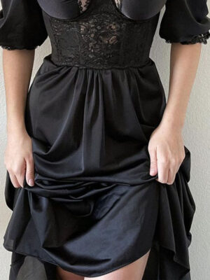 Contrast Lace Puff Sleeve Party Dress