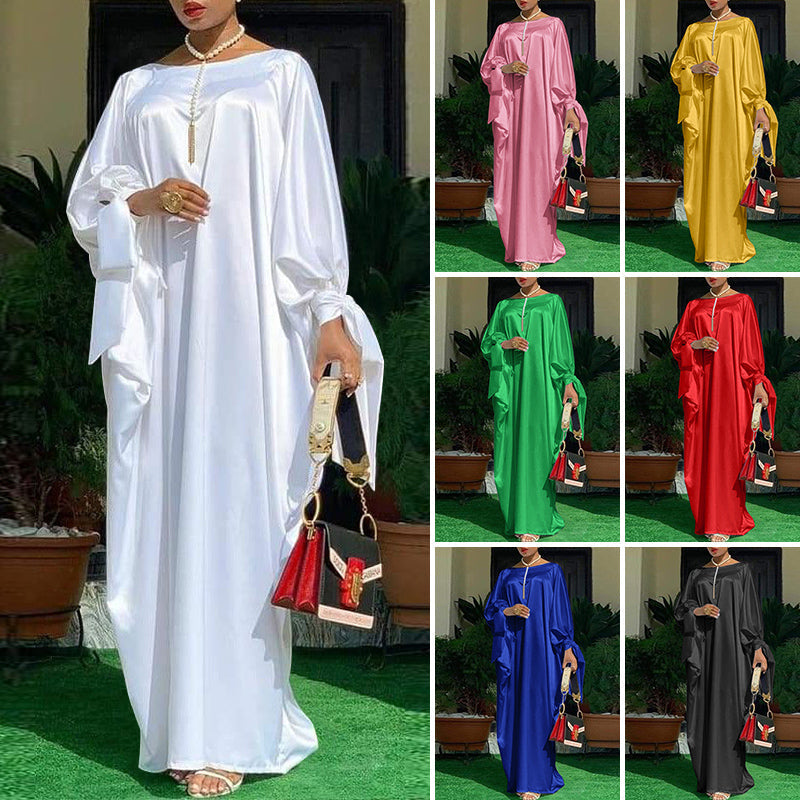 Large size solid color one word collar long sleeves womens dress - Image 2