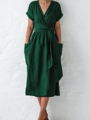 Pockets V Neck Kimono Dress
