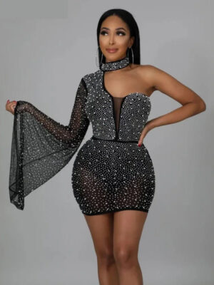 One Shoulder Party Dress Rhinestones Bling Irregular Skinny Zipper Flare Sleeve Bodycon Elegant