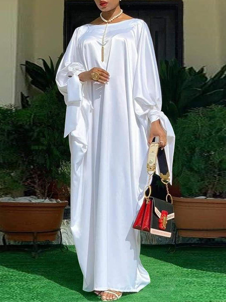 Large size solid color one word collar long sleeves womens dress