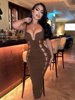 Sexy Hollow Cut Dress Sleeveless Ribbed Summer Fashion Split Mid Tank Bodycon Streetwear Skinny