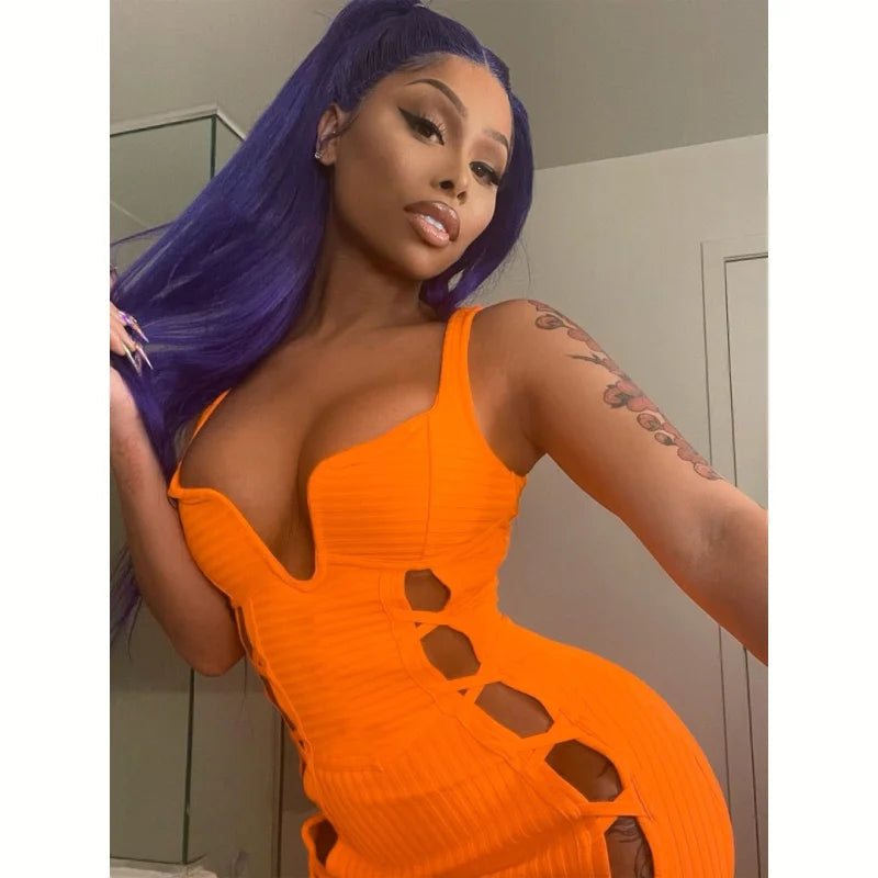 Sexy Hollow Cut Dress Sleeveless Ribbed Summer Fashion Split Mid Tank Bodycon Streetwear Skinny - Image 2